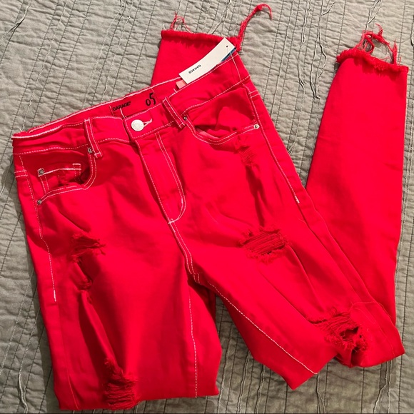 NWT Garage Retro High Waist Red Distressed jeans jeggings white stitching sz 5 - Picture 2 of 10
